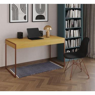 Imagem de Escrivaninha Industrial Escritório Canela 137X53Cm Malta Com 1 Cadeira Preta Base Cobre Cor: Canela