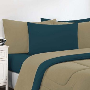 Imagem de Kit Edredom + Jogo De Lençol Malha 100% Algodão Gran Moratta 4 Peças Solteiro - Avelã-azul Petróleo