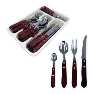 Imagem de Jogo De Talher Faqueiro Inox Com Cabo Madeira E Porta Talher - Fratell
