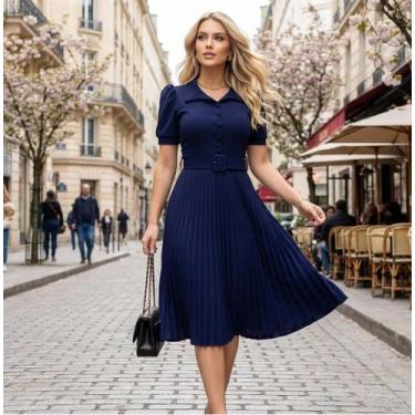 Imagem de Vestido Midi Rodado Godê Evangélico Plissado Modelador Modesto com Cin