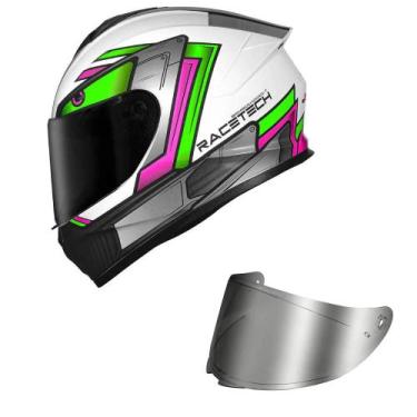 Imagem de Capacete Race Tech Hit Android Branco Verde e Rosa Mais Viseira Prata,