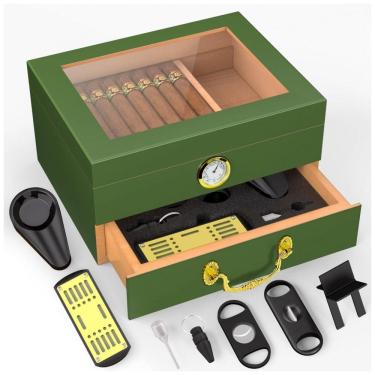 Imagem de Umidor TRBIHCX Verde-Esmeralda com Cedro Espanhol Tampa de Vidro e Gaveta para 20 a 50 Charutos