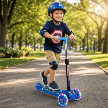 Imagem de Patinete Infantil Herói Capitão 3 Rodas com Luz LED Azul Guidão Ajustá