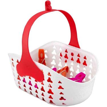 Imagem de Cesto Com 24 Prendedores Pregadores Roupas Alça Articulável Encaixe Prático Funcional Branco Vermelho Organizador Condor