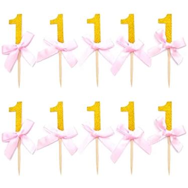 Imagem de HZOnline HOKPA número um Cupcake Toppers Glitter com laço de fita rosa 1ª aniversário Decorações Infantil Reunião DIY Casa tema Festa Festa Festa Festa Fruta Picaretas para Decoração de Chá de Bebê (24 peças de ouro)