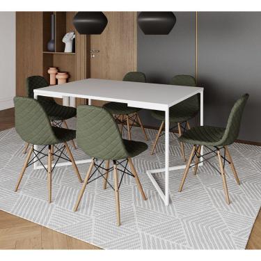 Imagem de Mesa Jantar Industrial Branca Base V Aço Branco 137x90cm 6 Cadeiras Madeira Estofadas Verdes