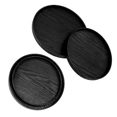Imagem de Bandeja de Madeira 4 Peças Antiderrapante à Prova de Derramamento Durável Segura Multifuncional Bandeja Redonda para Restaurante (Preto)