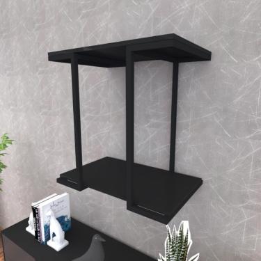 Imagem de Prateleira Industrial Suspensa Estante Parede Nicho Preto Ferro E Madeira Suporte Pratileira