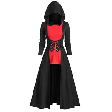 Imagem de FEOYA Roupão feminino gótico com capuz vintage com cadarço longo suéter vestido manga longa bainha alta baixa vestidos manto jaqueta steampunk vestido de bruxa vitoriana vestido de Halloween fantasias