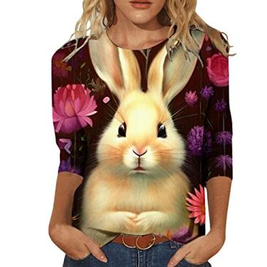 Imagem de Camisas de Páscoa para mulheres com estampa de coelho fofo engraçado manga 3/4 gola redonda pulôver casual plus size feliz dia de Páscoa top, S#_roxo, G