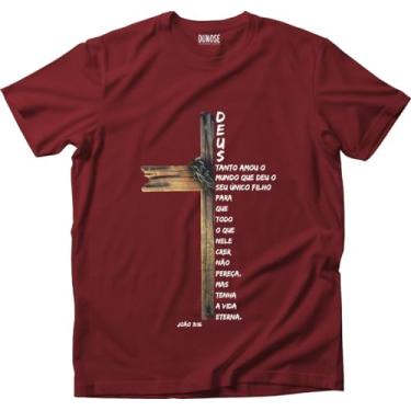 Imagem de Camiseta Algodão Masculina Cruz Cristã Evangélica Joã0 3-16 Tamanho:P;Cor:Vinho