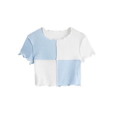 Imagem de Milumia Camiseta cropped feminina de malha canelada color block manga curta acabamento alface gola redonda bege e azul 8Y