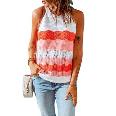 Imagem de Regata sem mangas frente única colete de verão color block elegante camiseta feminina de lã, Laranja, GG