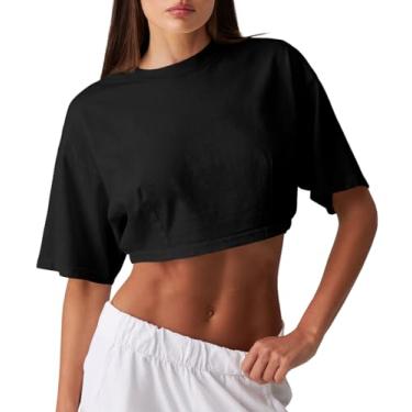 Imagem de Fisoew Camisetas femininas de algodão manga curta atléticas verão solo básico para treino, Preto, GG
