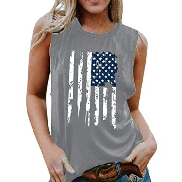Imagem de Regatas de verão para mulheres, blusas de 4 de julho, camiseta estampada com bandeira dos EUA, camiseta de festa de dia independente, Cinza, XXG