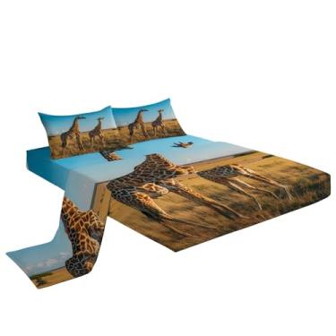 Imagem de Eojctoy Jogo de lençol de solteiro de 4 peças - girafa - 1 lençol com elástico, 1 lençol de cima, 2 fronhas - qualidade de hotel - super macio e respirável - jogo de lençol para quarto de meninos e