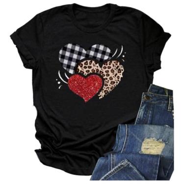 Imagem de Camiseta feminina de dia dos namorados, presentes para casais, xadrez, coração, estampa de letras, manga curta, tops, Preto 6, GG