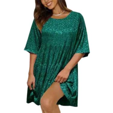 Imagem de Vestido de boneca de lantejoulas, vestido feminino brilhante com glitter, lantejoulas, gola redonda, cintura solta, vestido de manga curta (Green,Large)