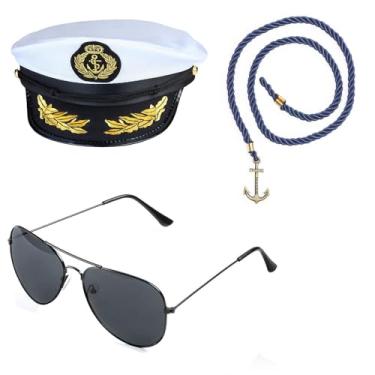 Imagem de Beelittle Conjunto de acessórios de fantasia de capitão de iate chapéu de marinheiro com adereço de capitão e óculos de sol de aviador, C, one size fits all