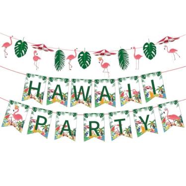 Imagem de Decoração de faixa de festa do Havaí, verão Luau Aloha Tropical Flamingo Folhas de Palmeira Pendurado Banner Guirlanda Sinal Bandeira Foto Cabine Adereços para Piscina Praia Havaiana Tiki Aniversário