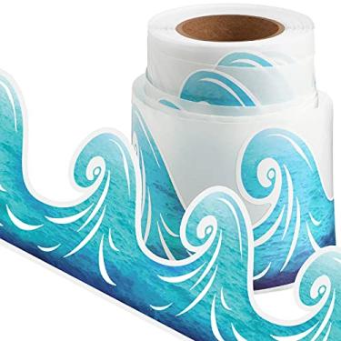 Imagem de Borda autoadesiva turquesa ondas do oceano acabamento borda borda tema praia oceano decorações de sala de aula de volta às aulas para quadros de avisos, decoração de quadro-negro de escritório, 150 m