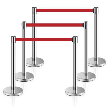 Imagem de MICHELANGELO Kit 6 Pedestais Premium Organizador Separador de Fila Cromado com Fita Retrátil Vermelha 2 Metros Anti-Oxidante