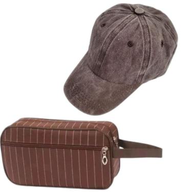 Imagem de Kit Necessaire Organizador De Viagem Mais Boné Liso Aba Curva Dia Dos Pais marrom