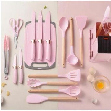 Imagem de Kit Completo Jogo Utensílios de Cozinha Luxo 19 Peças Com Tábua em Sil
