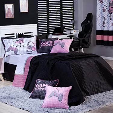 Imagem de Kit Cobre Leito Colcha SOLTEIRO 05 Peças Game Streamer Dupla Face com Almofadas Estampadas - Jogo Conjunto Decoração Roupa de Cama Infantil Juvenil Gamer (Rosê)