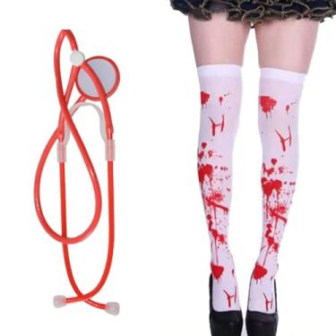 Imagem de HANSAMU Halloween Bloody Socks Nurse Costume Red Stethoscope Accessory for Halloween Doctor Nurse Dress Socks Cosplay Supplies