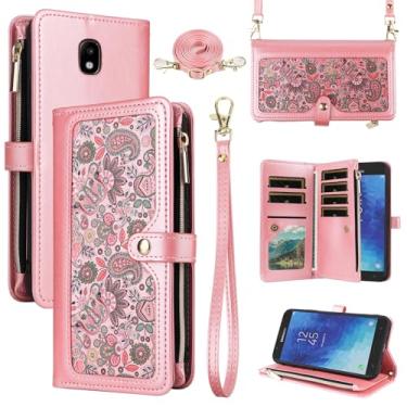 Imagem de Dswteny Capa carteira floral para Samsung Galaxy J3 Orbit J 3 Star 2018 3J Achieve com alça de pulso, suporte para cartão de crédito, capa de telefone para J3V V 3ª geração SM J337A J337V J337 Rosa