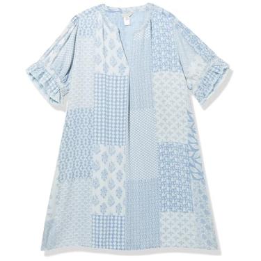 Imagem de MULTIPLES Vestido feminino plus size com babado, manga curta e gola, Estampa jeans, 0X