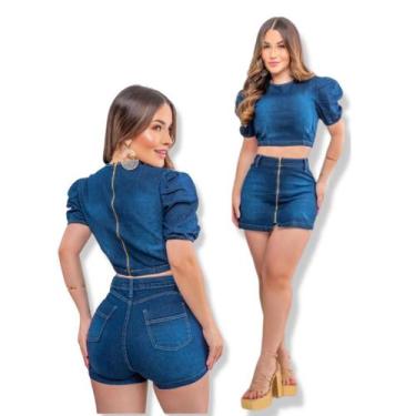 Imagem de Conjunto feminino de blusa e short saia jeans - QCHICK JEANS, TAM 40, 