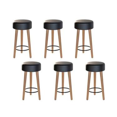 Imagem de Kit 6 Bancos Banqueta Paris Couro Preto Mesa Gourmet Pés Madeira Mz De