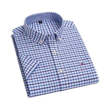 Imagem de Camisa Social Masculina Oxford 100% Algodão - Manga Curta, Xadrez, com