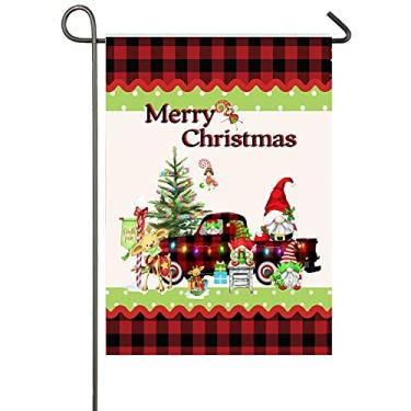 Imagem de Bandeira de jardim de Natal xadrez de búfalo 30 x 45 cm Caminhão vermelho dupla face árvore de Natal Gnomos Rena Decorativa Bandeiras Externas Ano Novo Boas-vindas Feliz Natal Pequeno Jardim Quintal