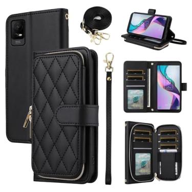 Imagem de Furiet Argyle Capa carteira para TCL Stylus 5G 2022 com alça de pulso, 9+ compartimentos para cartão com zíper bolsa de couro PU de luxo capa de celular xadrez para TLC Stylo G5 6.81 T779W preta
