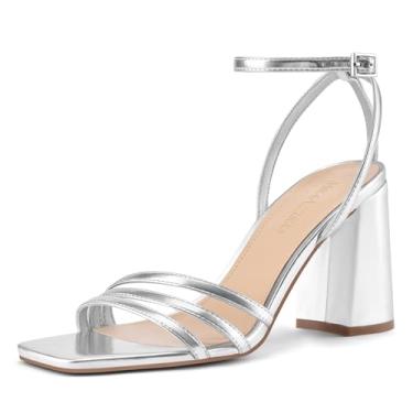 Imagem de MIRAAZZURRA Sandálias de salto grosso com tiras quadradas, bico aberto, salto bloco com tira no tornozelo para mulheres, sapatos sociais confortáveis para festas diárias, Prata, 36