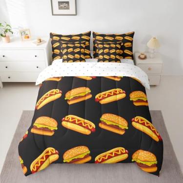 Imagem de Jogo de cama casal de hambúrguer com tema de comida Fsat em uma bolsa para crianças, adultos, desenho animado, cachorro-quente, conjunto de cama delicioso com lençol e decoração de quarto