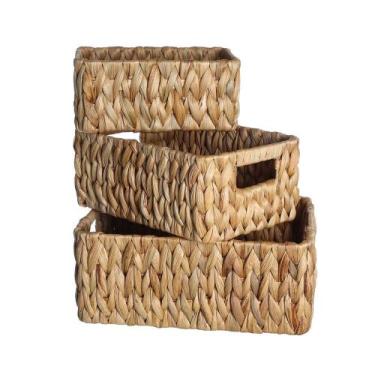 Imagem de kit 3 cestos organizadores retangulares com alças de palha fibra natur