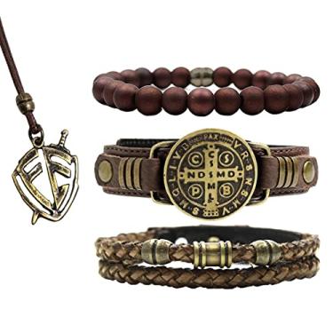 Imagem de Pulseiras Masculinas Couro SÃO BENTO Kit C / 03 + Colar Brasão Fé (22cm)