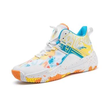 Imagem de Novetra Tênis de basquete masculino de cano alto - Design estampado elegante com tração e suporte superiores(White-yellow,34 BR)