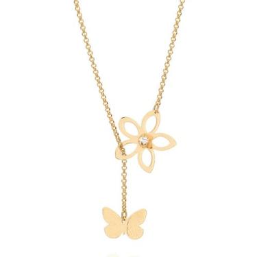 Imagem de Colar Rommanel Feminino Com Detalhes De Flor E Borboleta Banhado A Our