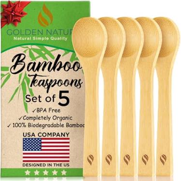 Imagem de Conjunto de 5 colheres de bambu – Colheres de chá de madeira perfeitas para café, açúcar, especiarias, tempero, ervas e deserto, 100% biodegradável e ecológico