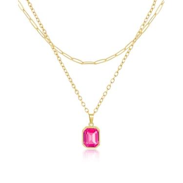 Imagem de Lourny Colar de cristal em camadas de ouro para mulheres, gargantilha banhada a ouro 18 K, verde esmeralda, corrente delicada, joia moderna para presentes femininos, One Size, Latão, Sem Pedra