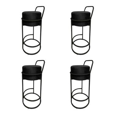 Imagem de Kit 4 Banquetas Alta Redonda Base Preta Veludo - Preto