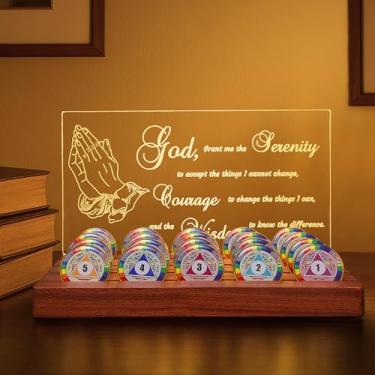 Imagem de Lampeez Suporte de moeda AA iluminado, exibição de marco de sobriedade, base de madeira acrílica com luz noturna USB para celebrações de motivação de recuperação