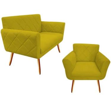 Imagem de Kit Namoradeira + 1 Poltrona Decorativa Sabrina Suede Amarelo Pés Made