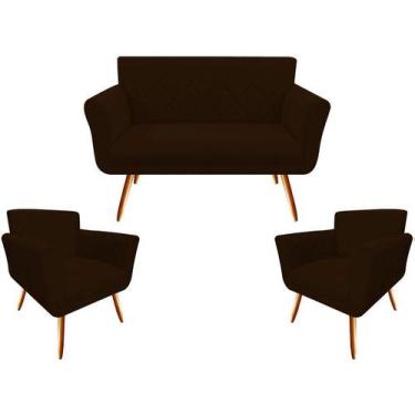 Imagem de Kit Namoradeira + 2 Poltronas Decorativa Sabrina Couro Marrom Pés Made