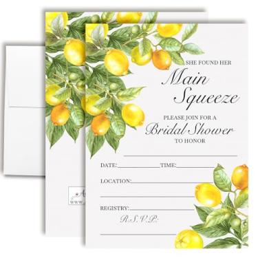 Imagem de Convites para chá de panela She Found Her Main Squeeze Lemon - 20 cartões de preenchimento com tema cítrico 5x7 com envelopes - Convites ensolarados para chá de casamento da AmandaCreation